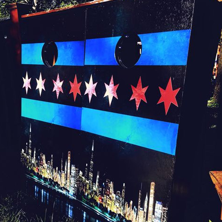 Chicago Night Skyline with Flag Custom Cornhole Set