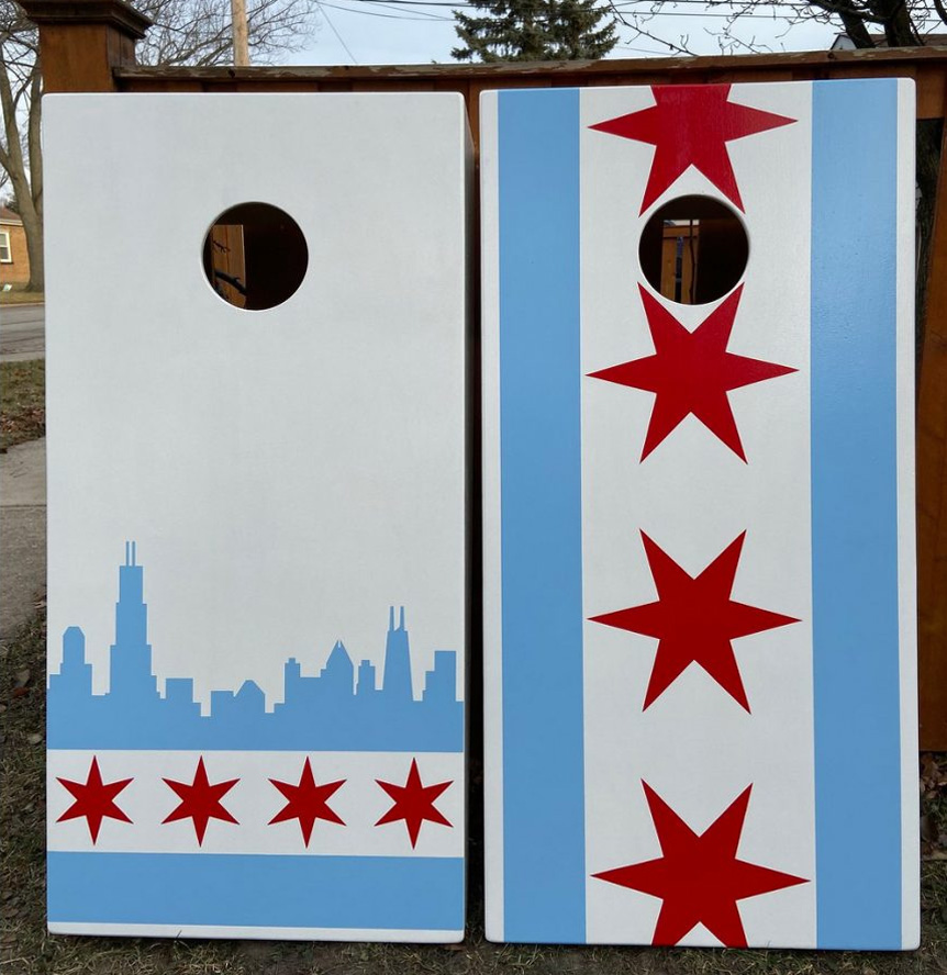 Vertical and Horizontal Chicago Flag and Skyline Custom Cornhole Set
