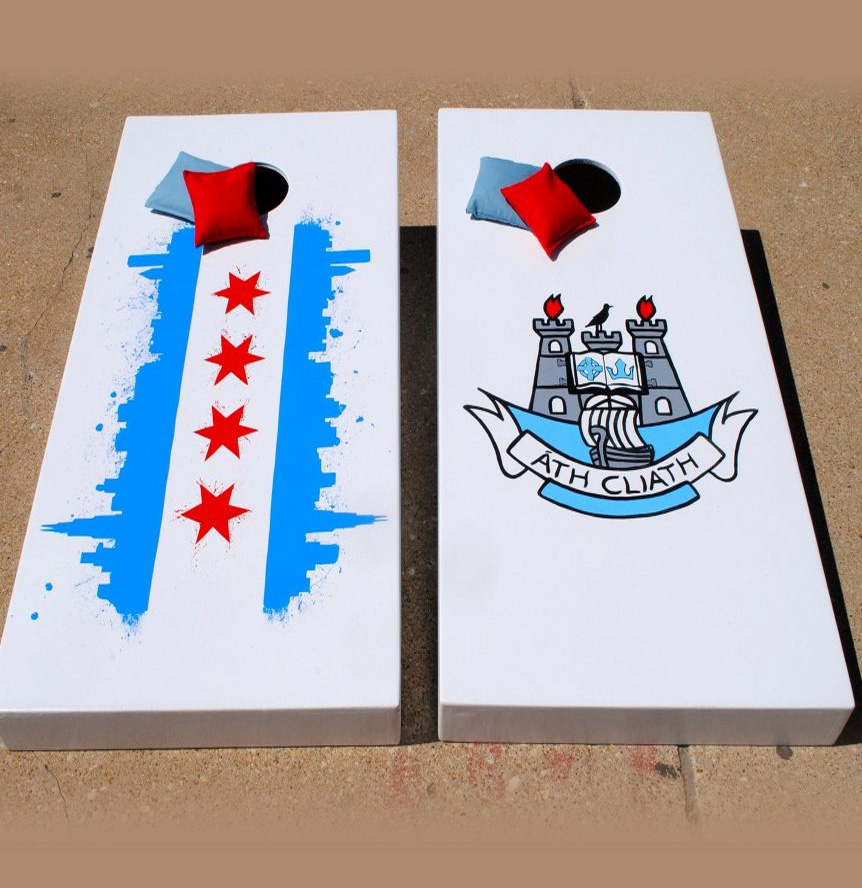 Splatter Art Chicago Flag and Skyline with Irish Crest Custom Cornhole Set